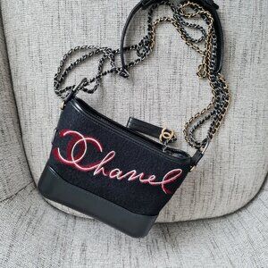 CHANEL CC Gabrielle Small Chain Shoulder Bag Wool/Leather Black Red